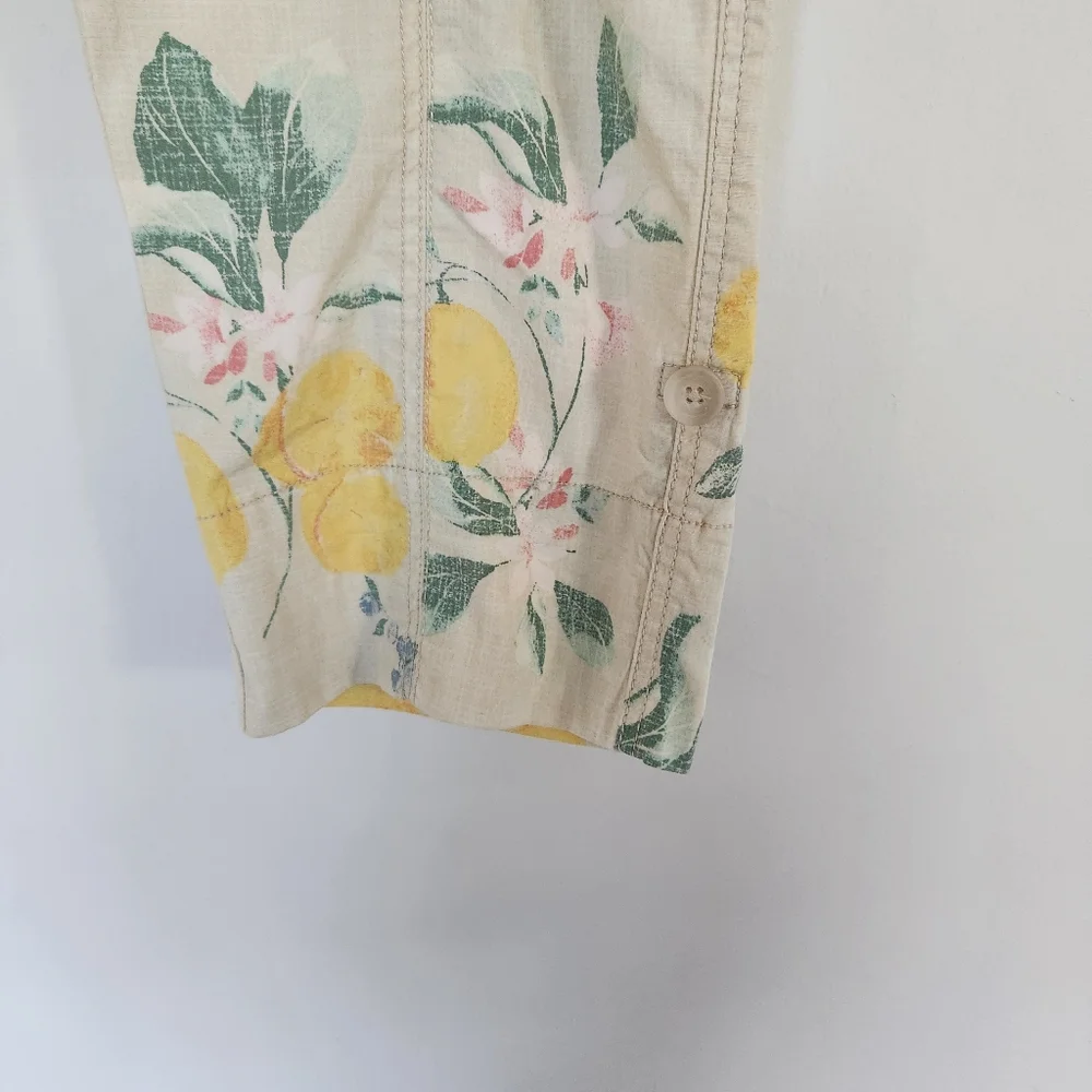 Chicos Pants Cream Yellow Lemon Pink Flower Cargo Cropped Mid Rise Utility 0/4